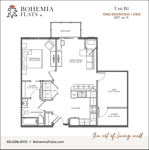Floor plan for 1 bed, 1 bath, 869 sqft
